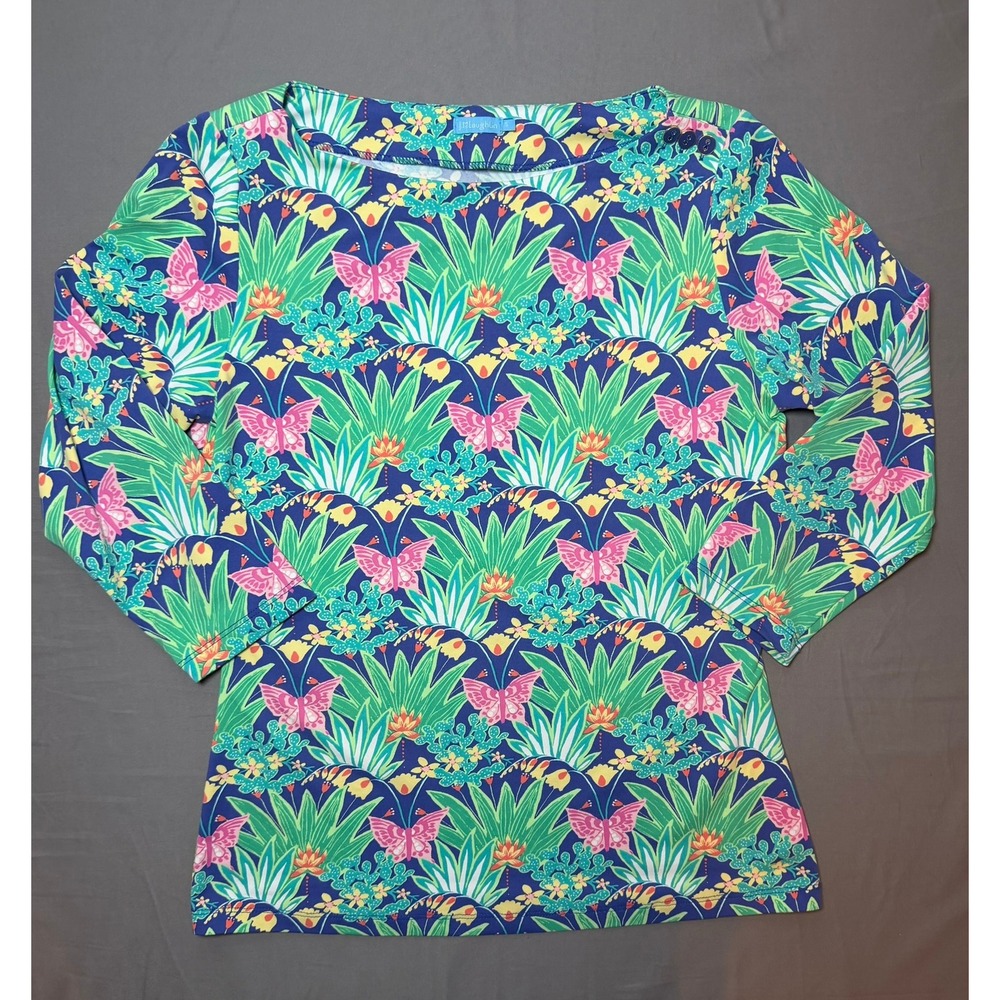 J.McLaughlin Butterfly Floral Print Catalina Cloth Boat Neck Top Blue Green S